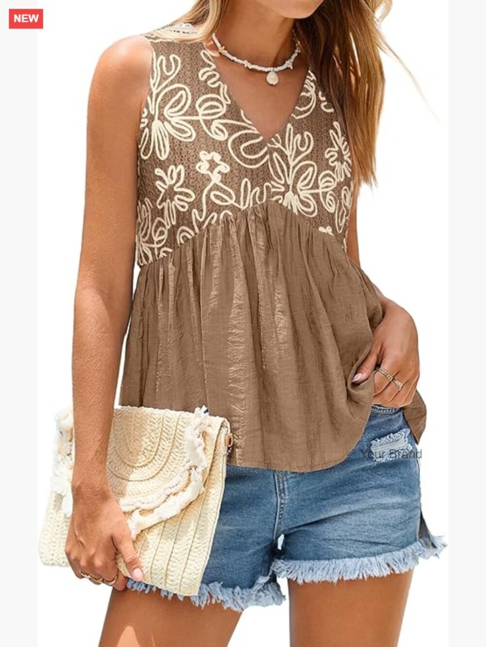 Crochet Embroidered Tank Top Babydoll Flowy Peplum Sleeveless V Neck